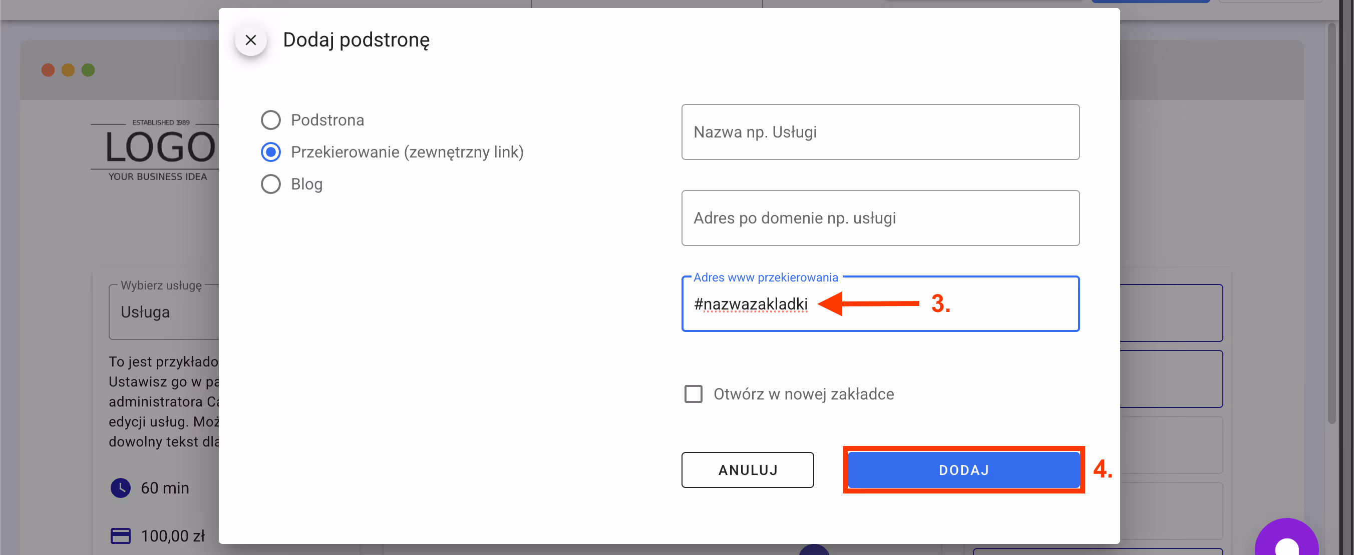 Dodawanie nowej zakładki.