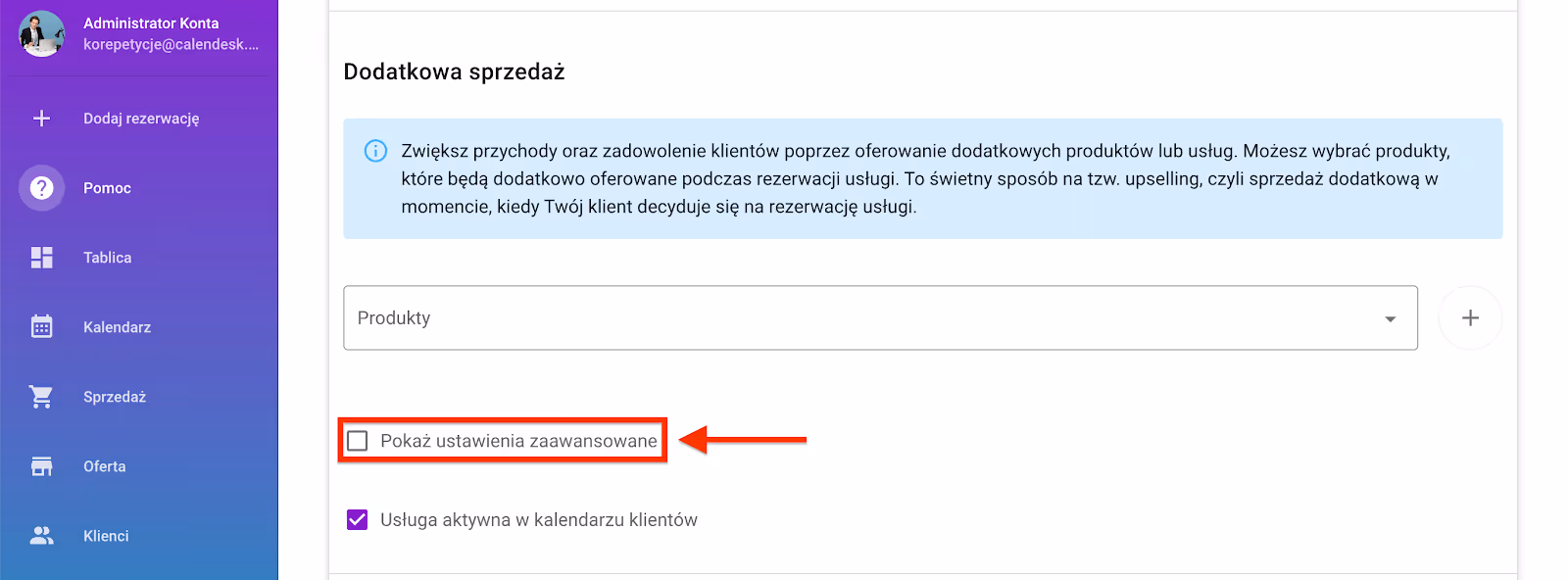 Zaawansowane ustawienia usługi.