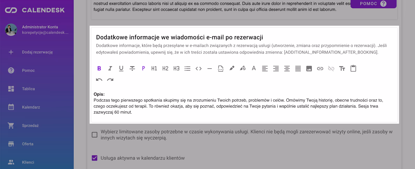 Dodatkowy tekst opisujący usługę.