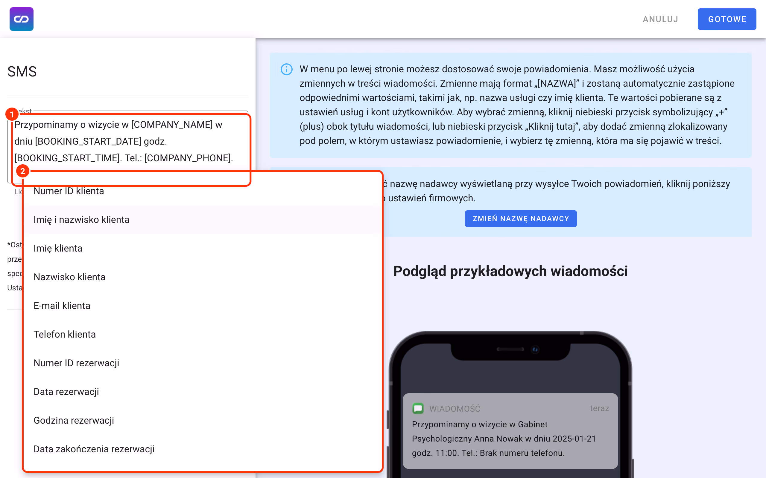 Edycja powiadomienia SMS: treść ze zmiennymi i lista zmiennych.
